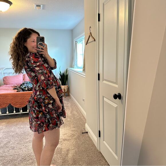 Saloni Red Blue Printed Silk Button Front Mini Dress 4 - Picture 3 of 16